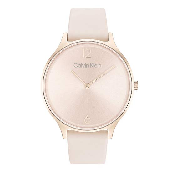 Elevate your elegance with the Calvin Klein Analogue Quartz Watch for Women, showcasing a 2-hand quartz movement, a slim 6.75mm case thickness, a 35mm case diameter, a chic blush dial, and a stylish grey leather strap for a perfect blend of sophistication and modern flair.
