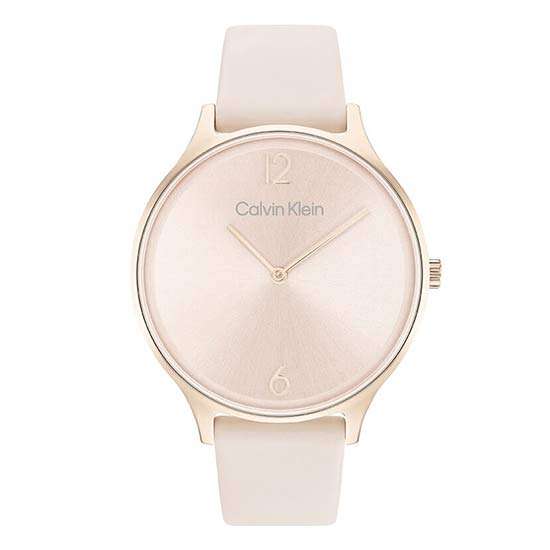 Elevate your elegance with the Calvin Klein Analogue Quartz Watch for Women, showcasing a 2-hand quartz movement, a slim 6.75mm case thickness, a 35mm case diameter, a chic blush dial, and a stylish grey leather strap for a perfect blend of sophistication and modern flair.