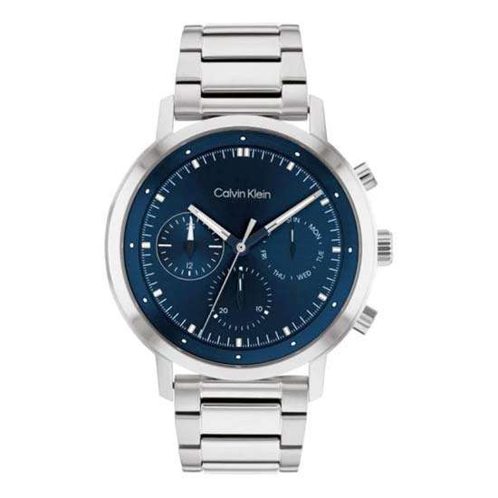 Embrace contemporary style with the Calvin Klein Gauge Blue Dial Stainless Steel Analog Watch, featuring a reliable quartz movement, a sleek round stainless steel case, an analog display, and a striking blue dial paired with a silver band for a timeless and sophisticated look.