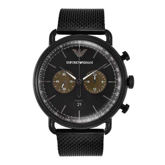 The Emporio Armani Aviator Watch boasts a quartz movement, a multicolor dial, a black stainless steel case, a round case shape, and a matching black stainless steel bracelet, making it a stylish and functional timepiece.