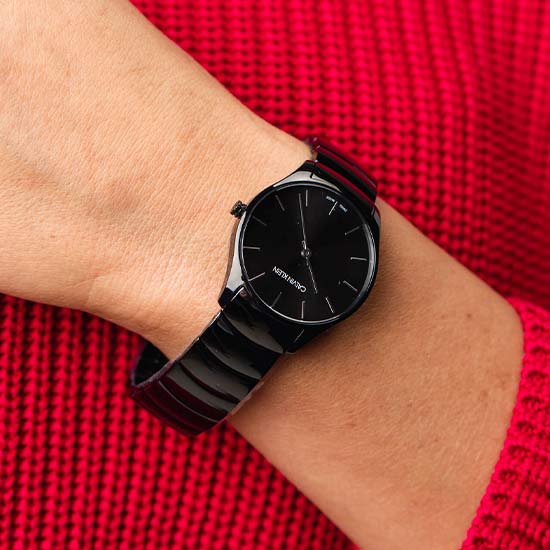 Step into refined style with the Calvin Klein Black Dial Stainless Steel Watch, featuring a sleek 38mm case diameter, a stainless steel band in a classic black color, and a movement type that embodies sophistication for women.