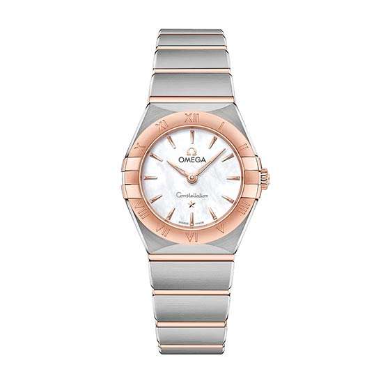 The Omega Constellation  women’s watch with a silver dial, date at 3 o'clock, 18 kt red gold indexes, hands and bezel. 35 mm diameter steel case with mixed steel and 18 kt rose gold bracelet, water resistant to 10 bar (100 m).