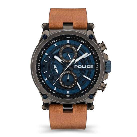 Police Quartz Multifunction Blue Dial Leather Strap Watch for Men