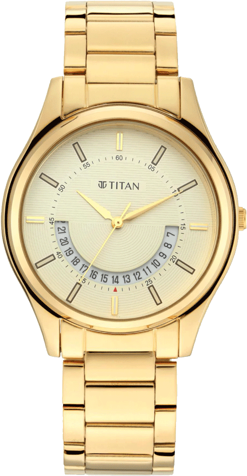 Titan Orologio Casual 1713YM06: Quadrante Guilloché Giallo Dorato, Cassa Acciaio, Cinturino Presidente, Datario